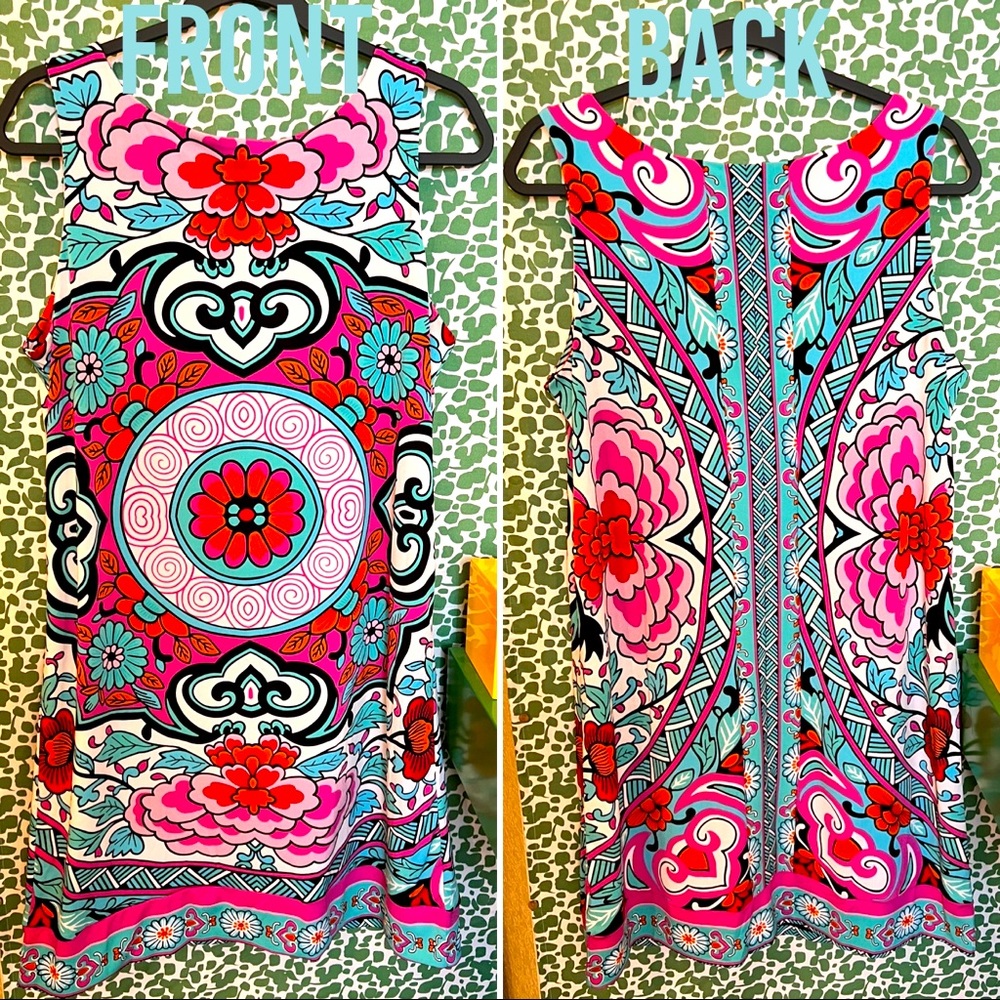 EUC Pattern Dress with pink tones, orange, red and turquoise!
